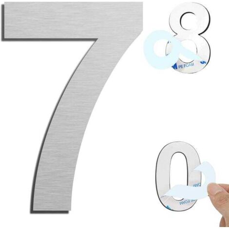 Número de casa exterior moderno cepillado plateado (7), número de puerta autoadhesivo de acero inoxidable de 75 mm, placa de número de casa y número de puerta