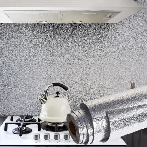 Papel pintado adhesivo resistente al agua y al aceite para salpicaderos de cocina, 60 x 500 cm, color plata, fabricado en lámina de aluminio autoadhesiva.