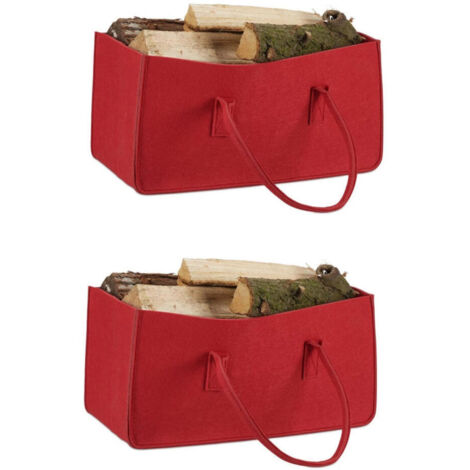 Bolsas de fieltro para leña, bolsas portátiles para leña, dimensiones: 25 x 25 x 50 cm, 2 unidades, color rojo.