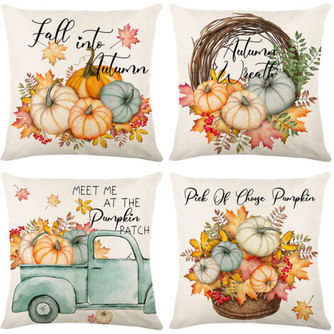 Funda de cojín de 45x45 pulgadas, cojín decorado con calabazas de Halloween, cojín de lino con estampado geométrico de camiones otoñales, adecuado para sala de estar, dormitorio y uso en exteriores.
