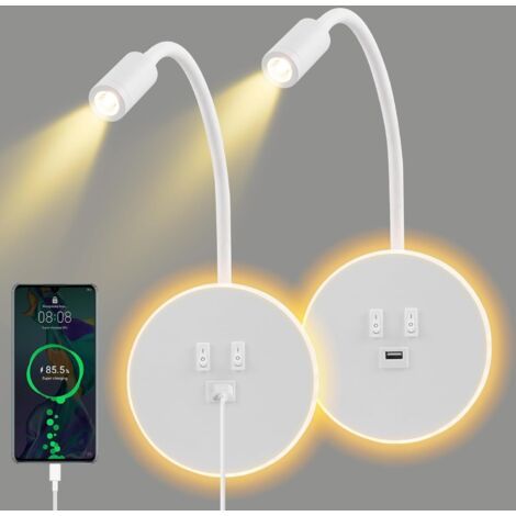 Aplique de pared LED flexible con cuello de cisne, lámpara de lectura de 3W/9W, con puerto de carga USB e interruptor, paquete de 2 (blanco)