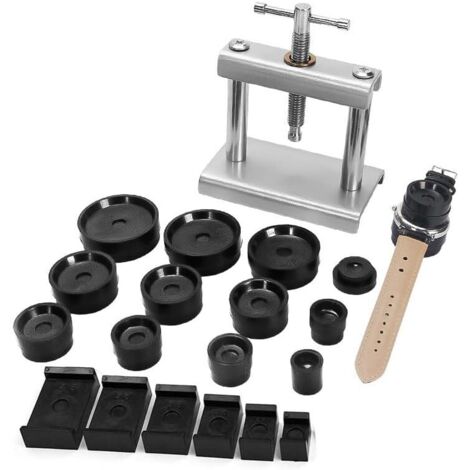 Juego de herramientas de relojero: prensa para cajas con 18 matrices de prensado, kit de herramientas para reparación de relojes.