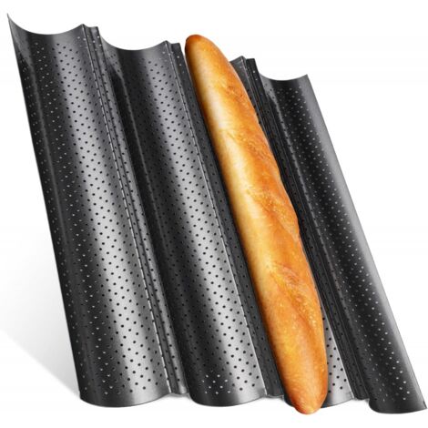 Molde para baguettes negro, molde para baguettes de acero al carbono, molde para pan apto para horno, molde para baguettes perforado apto para lavavajillas, molde para baguettes, 4 compartimentos (1 p
