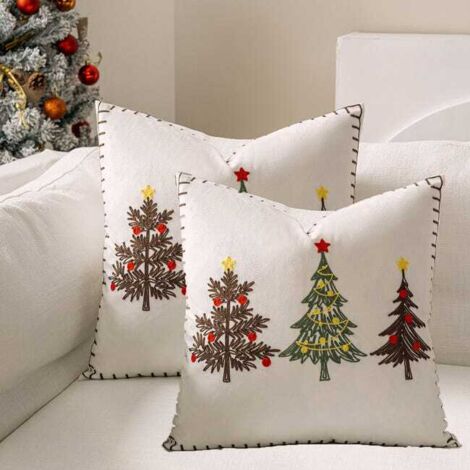 Funda de cojín decorativa navideña de dos piezas para salón, con diseño de árbol de Navidad bordado, color blanco, 45 x 45 cm.