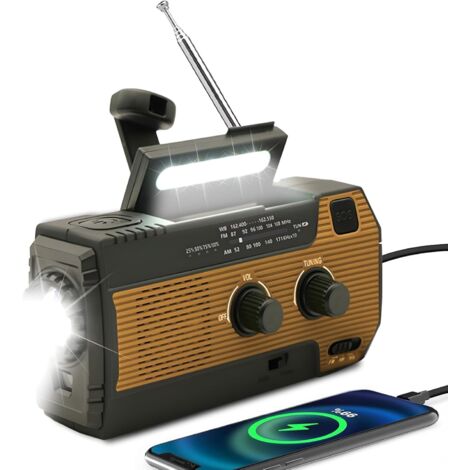 Radio solar con manivela, linterna LED, alarma SOS y radio meteorológica AM/FM, equipada con una batería recargable de 4000 mAh (naranja).
