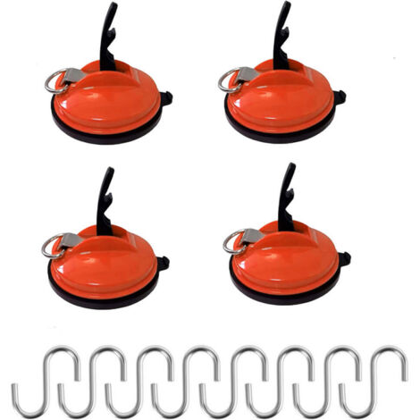 Juego de 4 ventosas grandes con 8 ganchos en forma de S, ventosas para objetos pesados, ganchos con ventosa adecuados para acampar bajo toldos, color naranja.