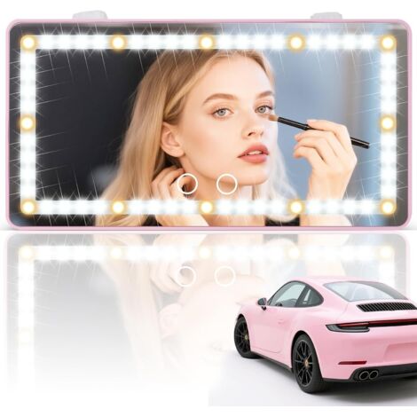 Espejo de cortesía para parasol de coche: espejo recargable con 60 luces LED, 3 modos de iluminación y ajustable (rosa).
