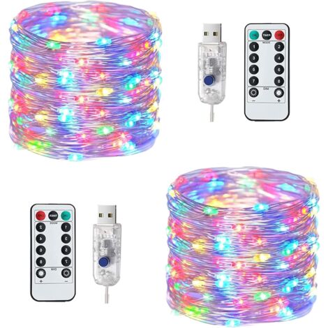 Juego de 2 guirnaldas de luces, 200 LED, 20 m, 8 modos, USB, resistentes al agua, de cobre, con mando a distancia y temporizador (luz de color).