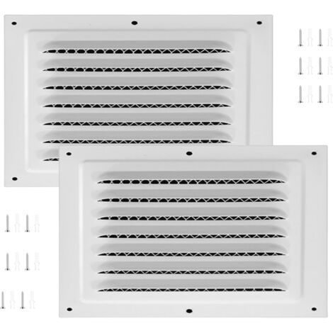 Dos rejillas de ventilación cuadradas de aluminio aptas para aleros, puertas exteriores, garajes y techos (blancas, 20 x 30 cm - 2 por juego).