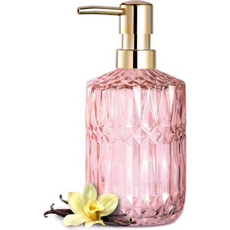 Dispensador de jabón de vidrio transparente con cabezal de bomba de plástico ABS, apto para cocinas y baños (rosa).