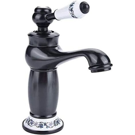 Grifo de baño de estilo retro, grifo de lavabo con manija de cerámica, grifo de baño con agua fría y caliente, material de latón, color negro.