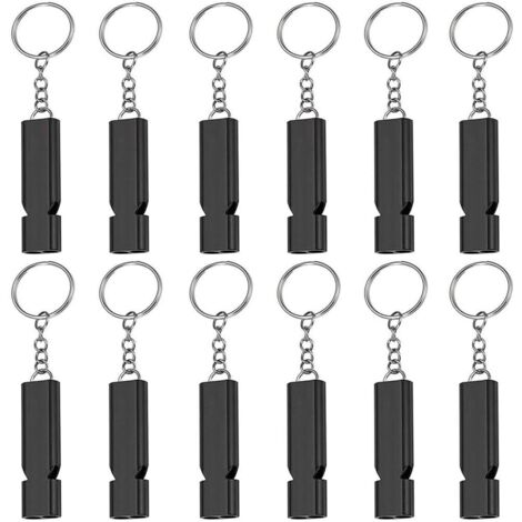 Paquete de 12 silbatos de emergencia potentes para supervivencia en exteriores, de doble tubo, silbato de rescate fino para natación, caza y color negro.
