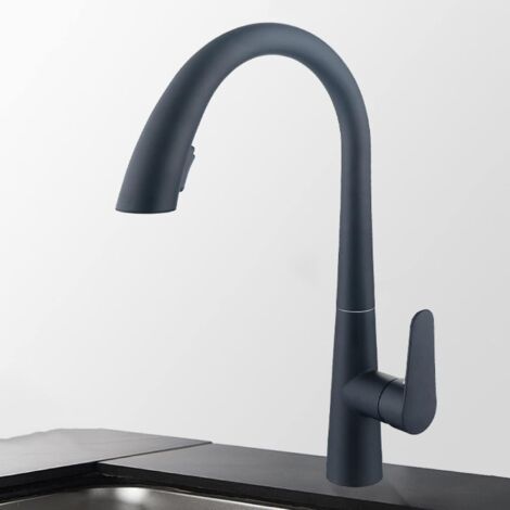 Grifo de cocina con rociador extraíble, giro de 360°, monomando y dos caños, agua fría y caliente, color negro.