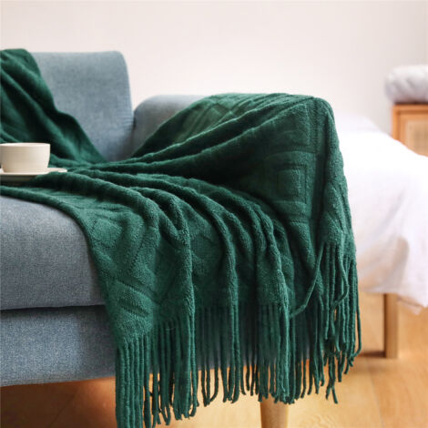 Manta de punto con flecos y pompones, color liso, ligera y suave, funda decorativa para sofá, cama o banco, 170 x 130 cm, verde.