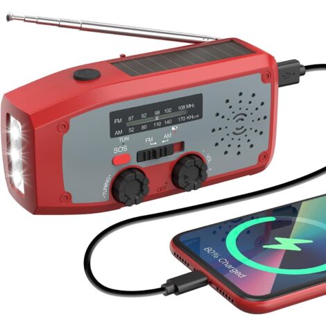 Radio portátil, alarma de bolsillo LED autoalimentada SOS AM/FM meteorológica de cuerda manual con batería de 2000 mAh para cargar smartphone (rojo).