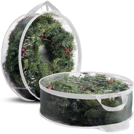 Juego de 2 cajas de almacenamiento para coronas navideñas artificiales (76 cm) - Bolsa con doble cremallera y asas reforzadas - Blanco