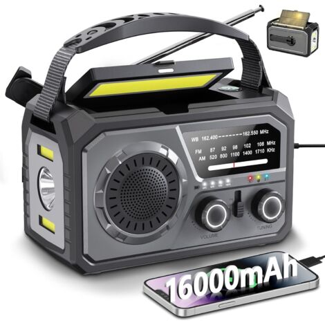 Radio meteorológica de emergencia con manivela de 16.000 mAh, cargador de teléfono móvil, brújula y función SOS para acampada y supervivencia (gris)