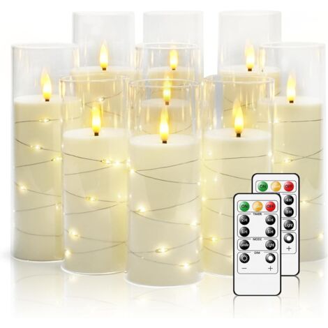 Velas LED sin parpadeo, a pilas (9 unidades), LED acrílicos, con mando a distancia, perfectas para la decoración de interiores (blancas).