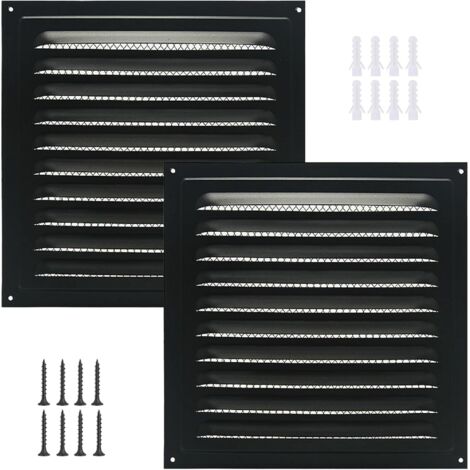 Dos rejillas de ventilación cuadradas de aluminio para aleros, puertas exteriores, garajes y techos (negras, 25 x 25 cm - 2 por paquete).