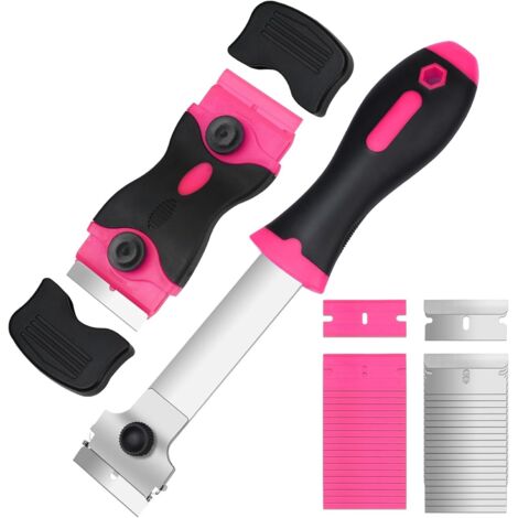 raspadores de platos de cerámica con 20 cuchillas de repuesto, raspador de limpieza multiusos para quitar etiquetas - Rosa