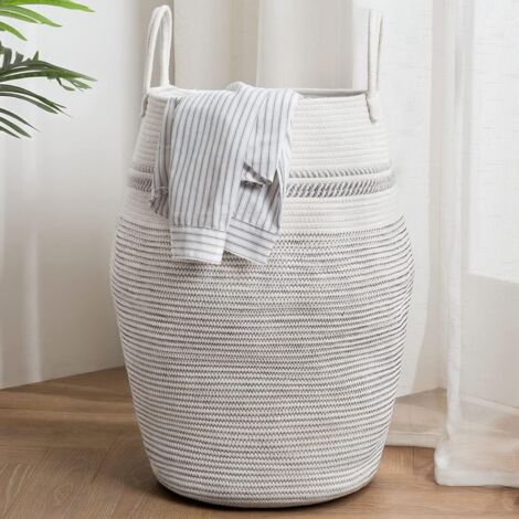 Cesto de ropa de cuerda de algodón, cesto grande para ropa sucia, cesta de almacenamiento grande con asa, gris