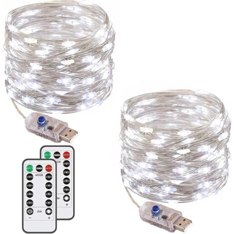 Juego de 2 guirnaldas de luces, 40 LED, 4 m, 8 modos, USB, resistentes al agua, de cobre, con mando a distancia y temporizador (luz blanca).
