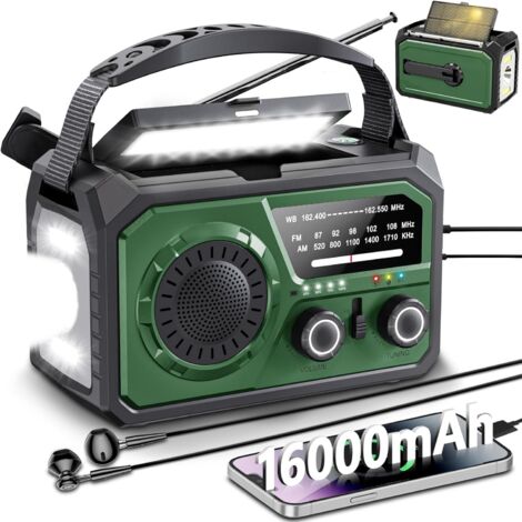 Radio meteorológica de emergencia con manivela de 16.000 mAh, cargador de teléfono móvil, brújula y función SOS para acampada y supervivencia (verde oscuro).