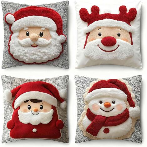 Fundas de cojín decorativas navideñas, juego de 4 fundas de cojín de Papá Noel, 45 x 45 cm, en lino a cuadros, para salón, sofá o dormitorio.
