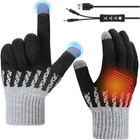 Guantes negros calefactables para hombre y mujer - USB - Guantes de punto cálidos con 3 ajustes de temperatura - Calentadores de manos para el frío invierno