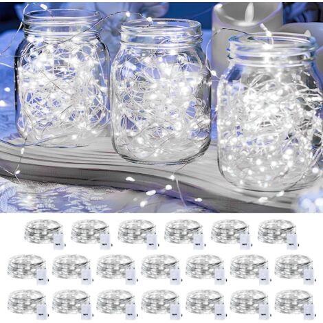 Guirnalda de luces LED a pilas (paquete de 20), 20 LED impermeables, luz blanca fría, ideal para decorar tarros de cristal o para fiestas navideñas.