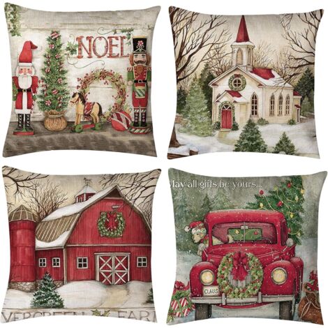 Fundas de almohada navideñas verdes y rojas, 45,7 cm x 45,7 cm, juego de 4 piezas, fundas de cojín y fundas de almohada de la serie navideña, decoraciones navideñas cuadradas de algodón.