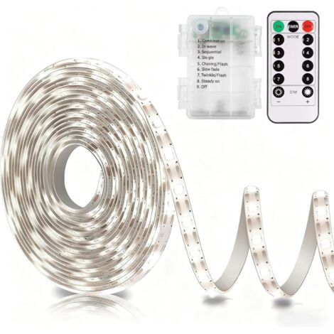 Tira de LED a pilas con mando a distancia, luz blanca, 8 modos, intensidad ajustable, temporizador, autoadhesiva, recortable, resistente al agua, 3 m (9,8 pies).