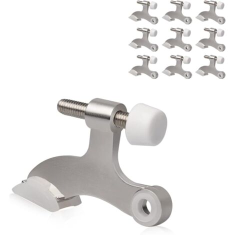 Juego de 10 topes de puerta con bisagras: resistentes, ajustables, con patas de goma, color plata.