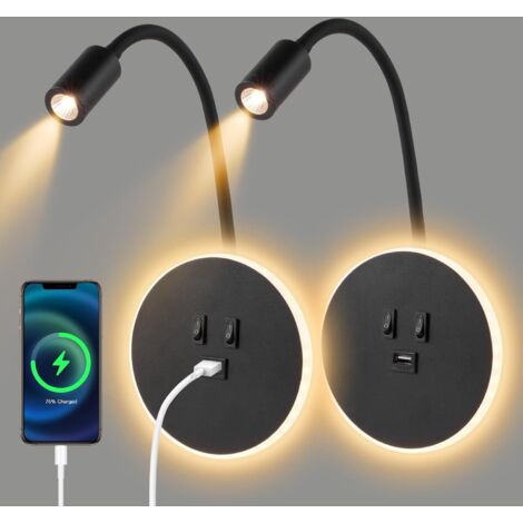 Aplique de pared LED flexible con cuello de cisne, lámpara de lectura de 3W/9W, con puerto de carga USB e interruptor, paquete de 2 (negro)