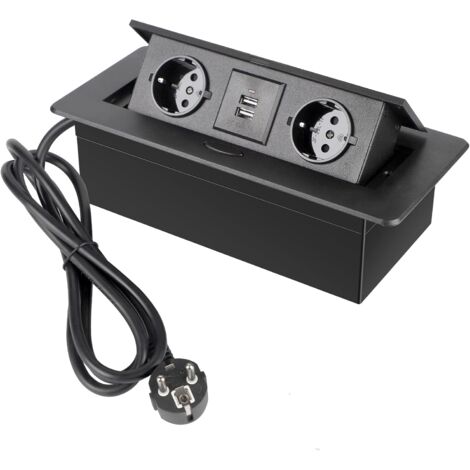 Enchufe empotrado con 2 tomas de corriente y 2 puertos USB, cable de 1,5 metros, ideal para encimeras y escritorios, color negro.