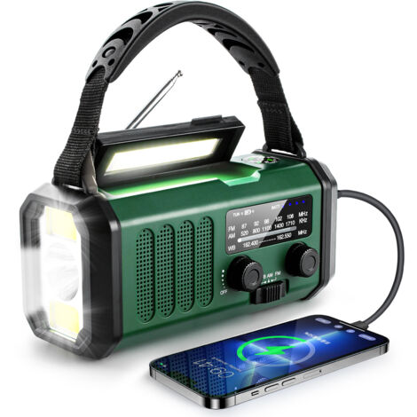 Radio meteorológica de emergencia, portátil, con batería de 10000 mAh, alarma SOS, manivela, radio AM/FM con energía solar, lámpara de lectura, linterna y brújula para uso en exteriores.