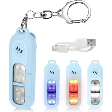 Sirena de defensa personal, 130 decibelios, con luz estroboscópica, recargable, azul, con llavero, 1 unidad.