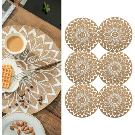 Juego de 6 manteles individuales redondos de estilo bohemio en PVC, con estampados de mandalas, lavables, resistentes al calor e impermeables, ideales para mesa o barra.