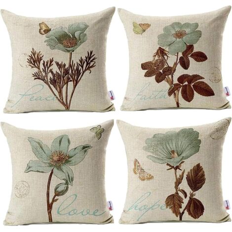 Juego de fundas de almohada de 45 x 45 cm, fundas decorativas de lino con estampado floral, ideales para salón, dormitorio o sofá. Funda de almohada incluida.