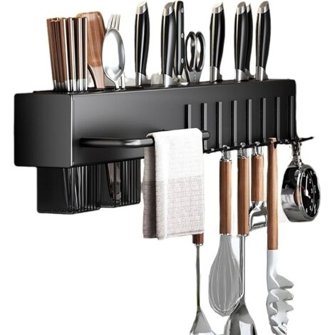 Soporte para cuchillos de pared sin taladrar, estante de cocina multifuncional con ganchos, soporte para cuchillos y cubiertos (Negro - 50 cm)