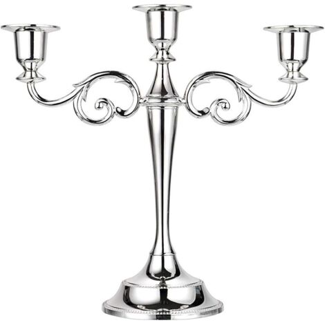 Candelabro metálico de tres cabezas de estilo europeo, perfecto para cenas a la luz de las velas, Navidad y decoración del hogar (plateado).