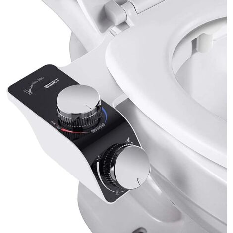 Asiento de inodoro con bidé autolimpiante no eléctrico con doble boquilla y chorro de agua caliente, presión de agua ajustable, parte trasera y para mujer.