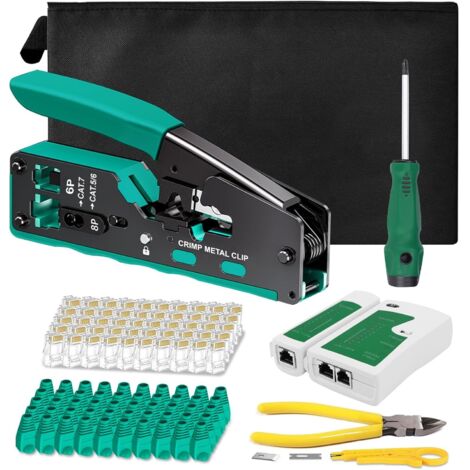 Este kit de herramientas de crimpado RJ45 incluye una herramienta de crimpado RJ45 de orificio recto para cables Ethernet CAT7/6A/6/5E/5.