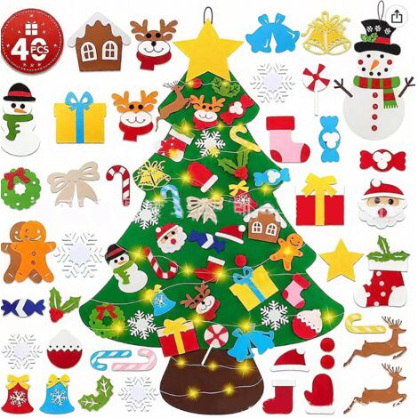 Kit para armar un árbol de Navidad de fieltro con 5 m de luces LED, adornos navideños de fieltro reutilizables con 40 adornos desmontables.