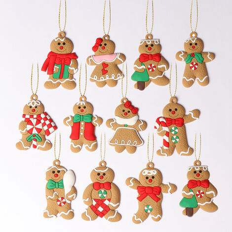 Adornos navideños de arcilla con forma de hombrecitos de jengibre - Juego de 12 adornos colgantes para árboles de Navidad