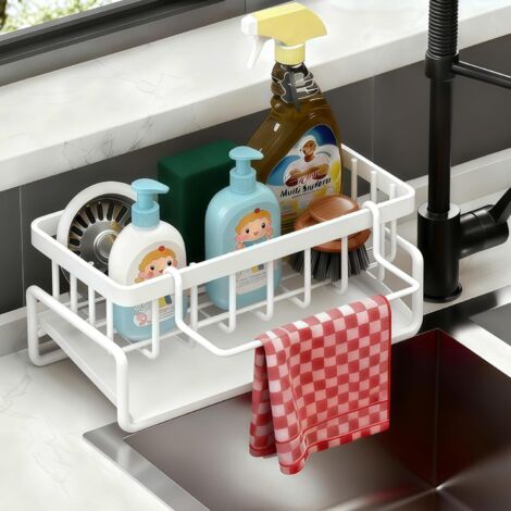 Escurridor de esponjas para fregadero de cocina, fabricado en acero inoxidable resistente a la corrosión, con soporte para toallas extraíble, color blanco.