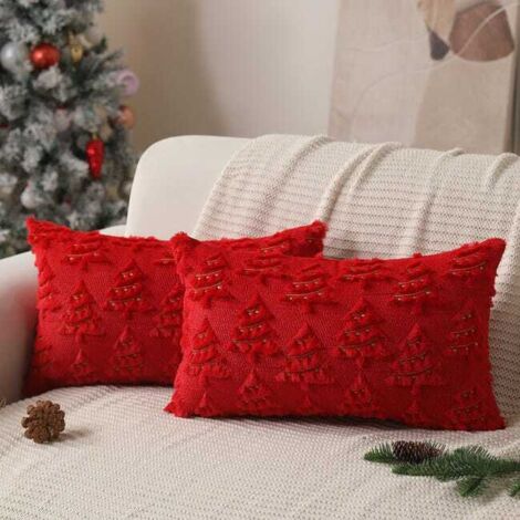 Juego de 2 fundas de cojín con forma de árbol de Navidad, 30 x 50 cm, rojas, juego de 2, fundas de cojín con forma de árbol de piel sintética para sofá