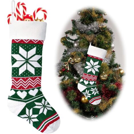 Calcetín navideño gigante con estampado de copos de nieve, bonito calcetín verde de punto para colgar en la chimenea, decoración para fiestas navideñas