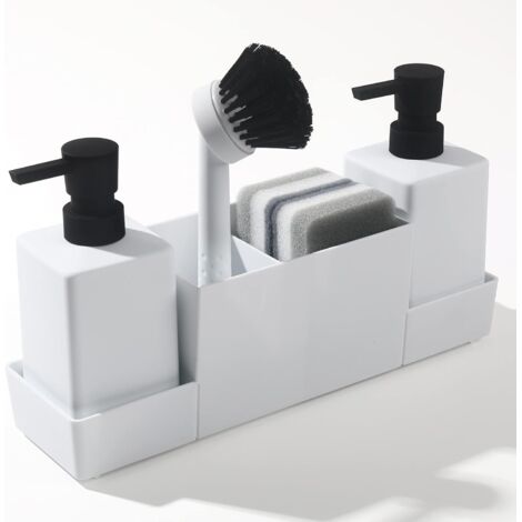 Dispensador de jabón de cocina con soporte para esponja para fregadero, dispensador de jabón de manos y lavavajillas líquido con cepillo (blanco)