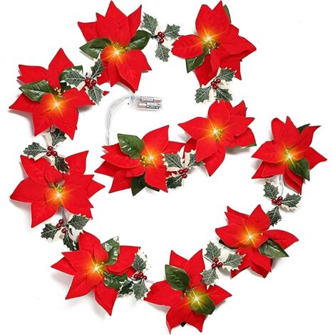Guirnalda de luces navideñas con forma de flor de Pascua, de 2 metros de largo, con flores y bayas rojas, funciona con pilas.